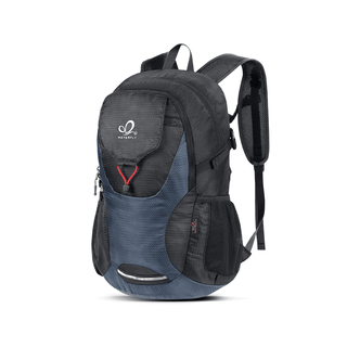 This is a Blue Lightweight Packable Hiking Backpack, it has 1 hidden pouch, 1 zipped front pocket, 1 main zipped compartment and 2 side pockets