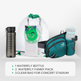 Caja regalo Waterfly que incluye riñonera, botella de agua y mochila transparente 