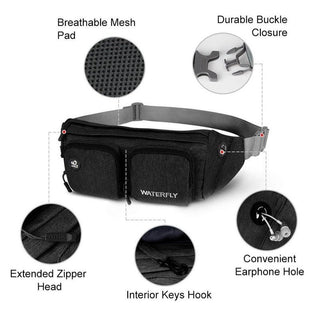 The Fanny Pack Plus in black is roomy and has multiple compartments, and is durable, water-resistant, and hard-wearing