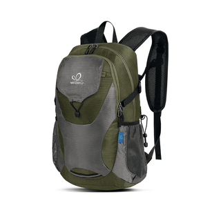 This is a Navy Lightweight Packable Hiking Backpack, it has 1 hidden pouch, 1 zipped front pocket, 1 main zipped compartment and 2 side pockets