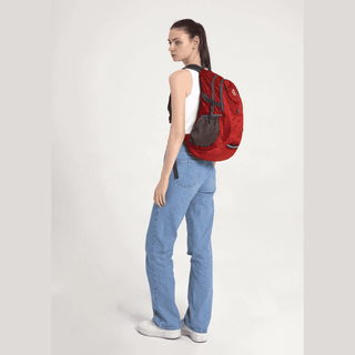 This is a Red Lightweight Packable Hiking Backpack that uses durable SBS metal zippers and reinforcements at key stress points for extra longevity