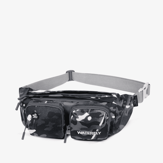 The Fanny Pack Plus in camouflage black is roomy with multiple compartments and is durable, water-resistant and hard-wearing