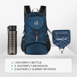 Caja de regalo Waterfly que incluye mochila plegable con parche exclusivo y mochila de aniversario 