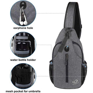 Dark Gray Sling Pack has headphone holes, water glass pockets and umbrella pockets