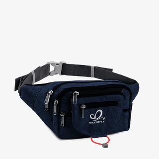 The navy blue Fanny Pack with Multiple Zippered Pockets has multiple zippered pockets and is also more durable and scratch-resistant