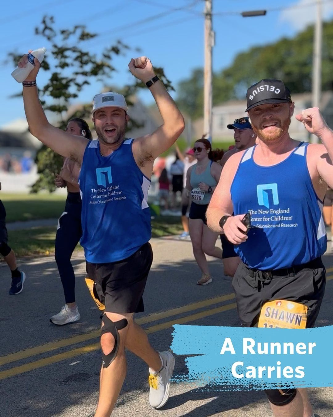NECC team runners wearing blue team shirts and running belts at a road race