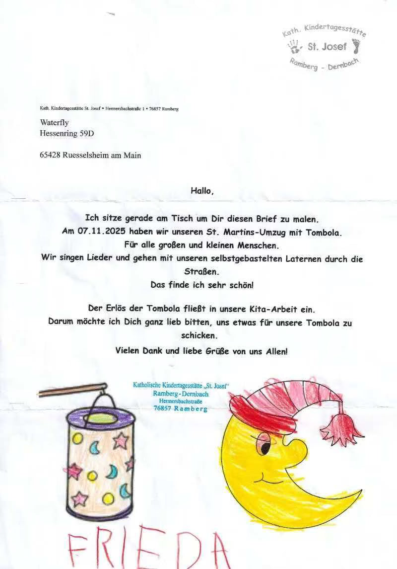 Illustrated letter from St. Josef kindergarten about its St. Martin’s Day fundraiser on 7 November 2025